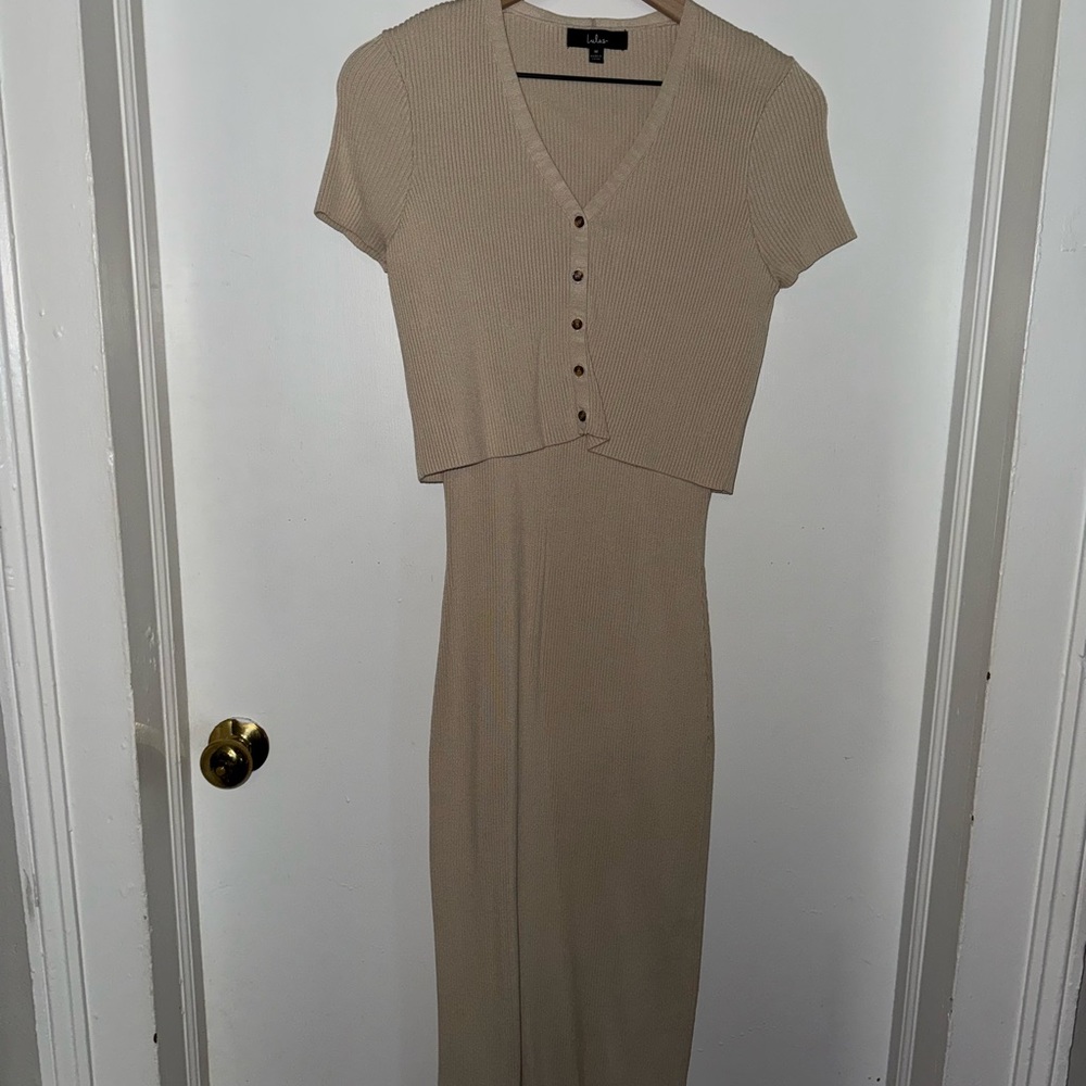 Lulu's Tan Sheath Midi Dress with Notched Collar